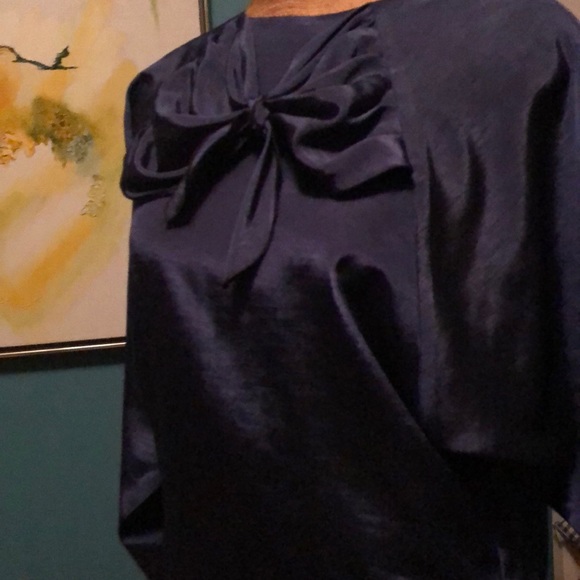 Vintage Raw Silk Like Vibrant Blue Blouse with Bow - Picture 3 of 5